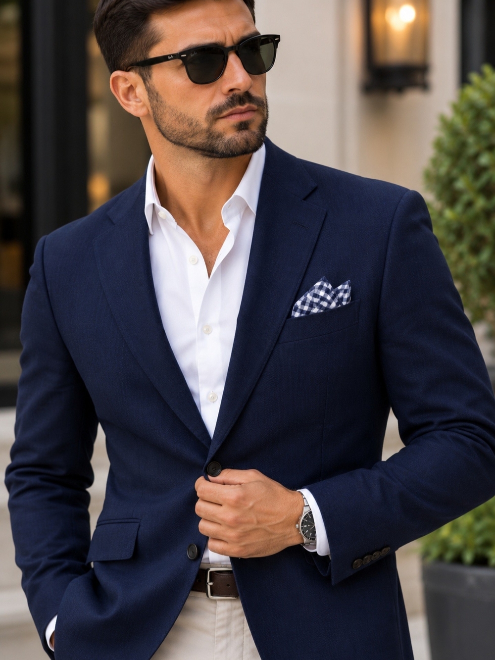 Brunello Cucinelli Navy and White Gingham Pocket Square